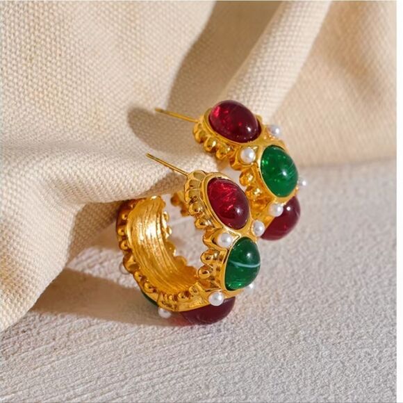 New ANTHRO 18k Gold C French Hoops with Red and Green Gems, Faux Pearls - Picture 7 of 12